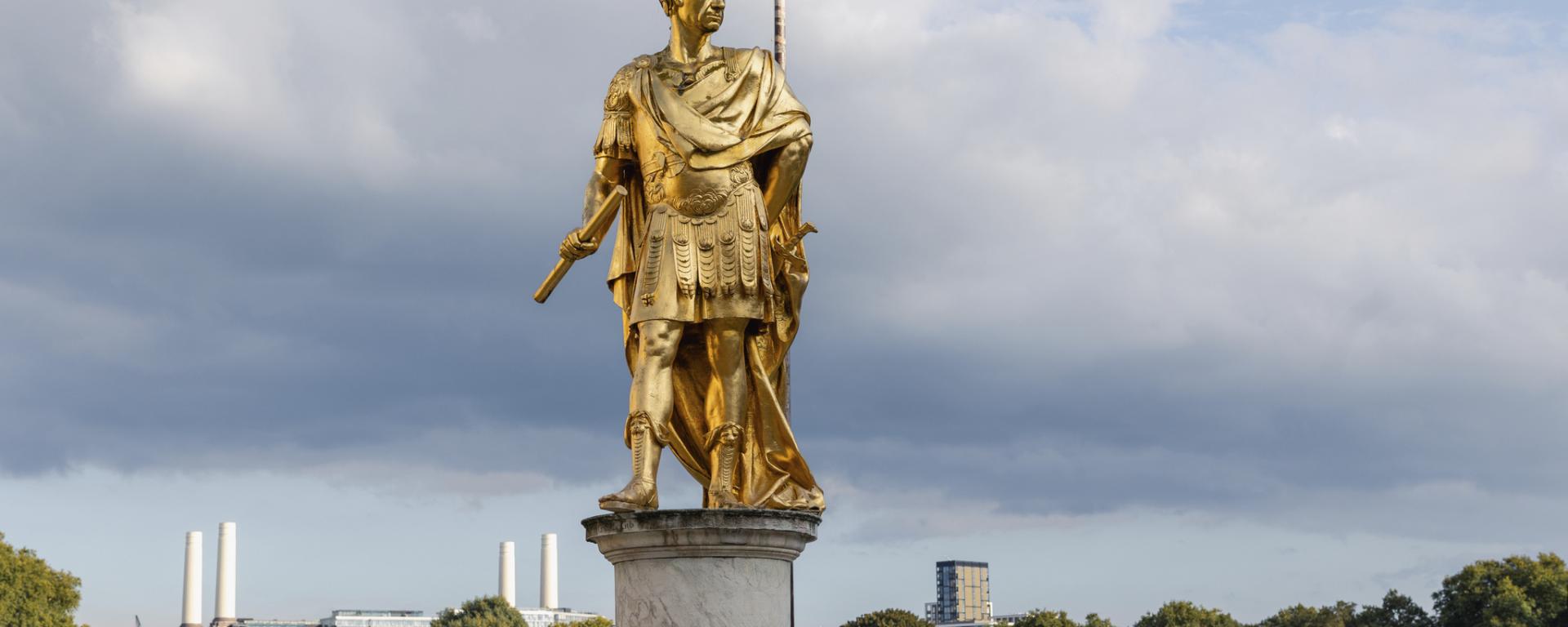 A golden statue of King Charles II at Royal Hospital Chelsea