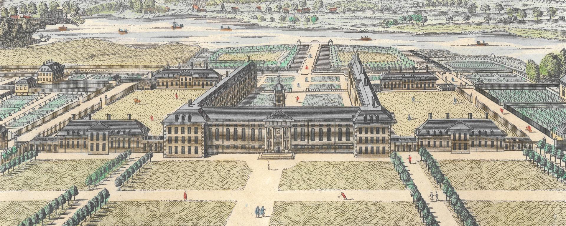 A historical landscape illustration of the Royal Hospital Chelsea.