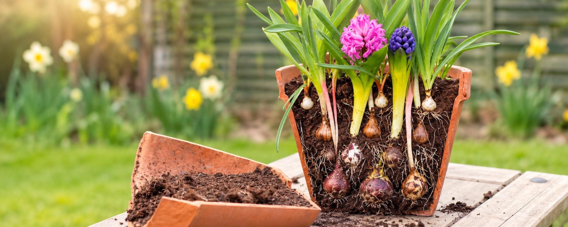 Cross-section of a terracotta pot showing bulb lasagne planting, with layered spring bulbs, visible roots and colourful flowers.