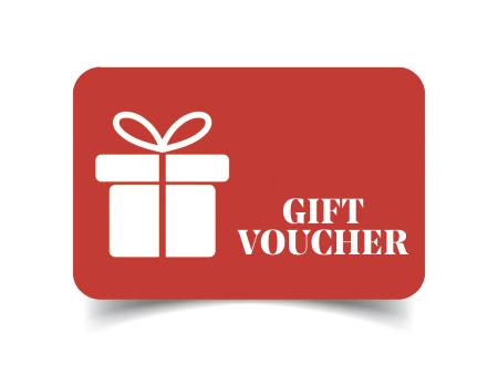 A red gift card illustration depicting a white parcel icon with bow and reading "Gift Voucher"