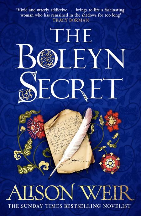 Book cover for The Boleyn Secret by Alison Weir, featuring a blue patterned background with gold Tudor floral motifs and a central red and white Tudor rose.