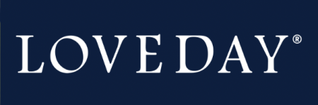 Loveday logo - white text on blue background