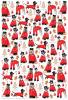Tea Towel featuring various different cartoon dogs wearing the scarlet coats of the Chelsea Pensioners, with golden gingerbread men interlaced
