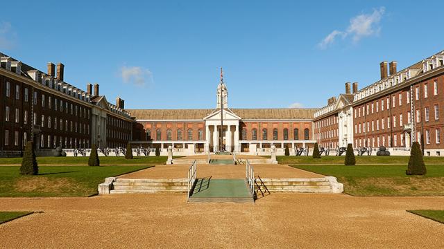 Royal Hospital Chelsea - facing figure court from the south grounds on a bright clear day.