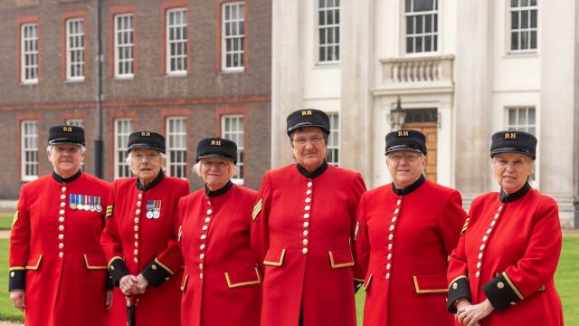 Women of the Royal Hospital Chelsea assemble in Figure Court