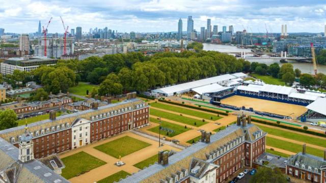 Global Champions Arabians Tour at The Royal Hospital Chelsea - Aerial view shows the grounds of the Royal hospital with the London skyline in the background