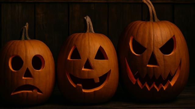 Three carved pumpkins are displayed in a low lit room, with a small one showing a sad expression, the middle one in position and size smiling with two teeth and the largest one, on the right, having a menacing jagged mouth shape