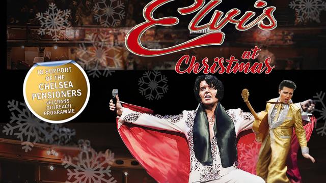 2 Elvis impersonators standing in front of a crowded auditorium, one dressed all in white, the other in gold