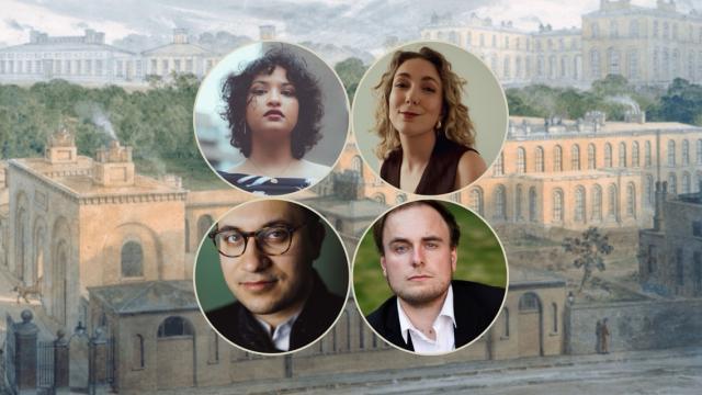A promotional image featuring four performers shown in circular portraits arranged in a grid. Two women appear at the top and two men below. The portraits are set against a historic illustrated view of the Royal Hospital Chelsea and surrounding grounds, suggesting a classical music or performance event linked to the site.