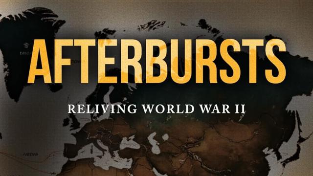 A book cover titled Afterbursts: Reliving World War II. The design shows elderly hands holding a faded black-and-white photograph of a soldier. Behind the hands is a world map and several wartime figures in uniform. Text on the cover reads “Voices from a vanishing generation” and the author’s name, Lucy Colback.