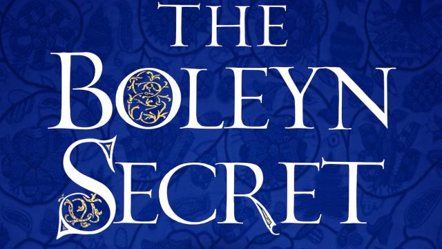 Book cover for The Boleyn Secret by Alison Weir, featuring a blue patterned background with gold Tudor floral motifs and a central red and white Tudor rose.