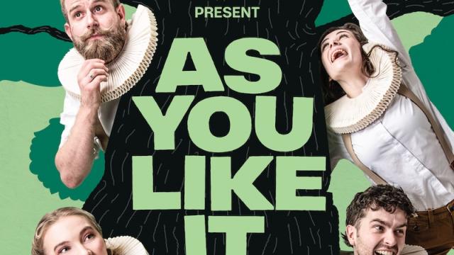 Promotional artwork for a production of As You Like It by The Handlebards, featuring four smiling actors in Elizabethan style ruffs peeking around a large illustrated tree against a green background.