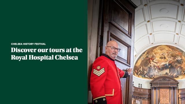 Chelsea Pensioner leading a guided tour of the Chapel at the Royal Hospital Chelsea, showcasing its historic architecture and artwork.