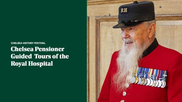 Tile image promoting tours of the Royal Hospital Chelsea during Chelsea History Festival and featuring a highly decorated Chelsea Pensioner in his iconic scarlet uniform