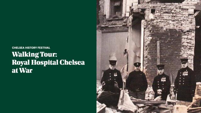 Historic photograph of Chelsea Pensioners standing among wartime bomb damage at the Royal Hospital Chelsea, illustrating the site’s experience during the Second World War.