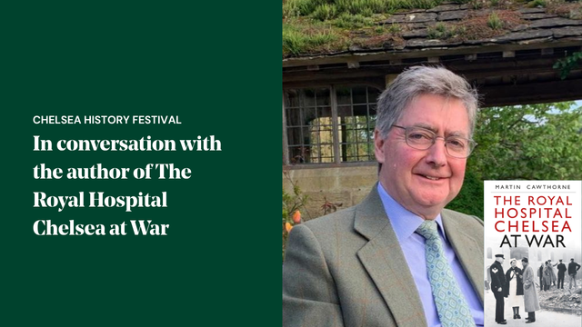 Author Martin Cawthorne speaking at the Chelsea History Festival event "In Conversation with the Author of The Royal Hospital Chelsea at War", with a copy of the book featured alongside a portrait photograph.