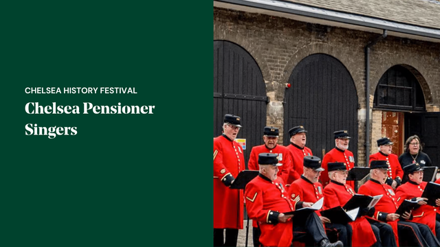 Chelsea Pensioner Singers in their iconic red uniforms performing at the Royal Hospital Chelsea as part of the Chelsea History Festival.