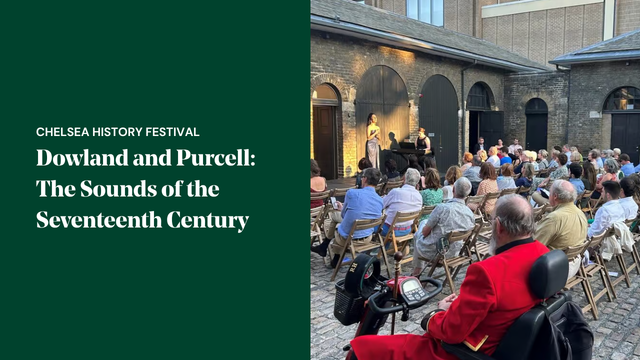 Audience attending a live performance at Chelsea History Festival's "Dowland and Purcell: The Sounds of the Seventeenth Century" event in a the historic Sloane Stable Yard Courtyard.