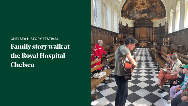 Children and adults enjoying a guided story walk through the historic Royal Hospital Chelsea during the Chelsea History Festival.