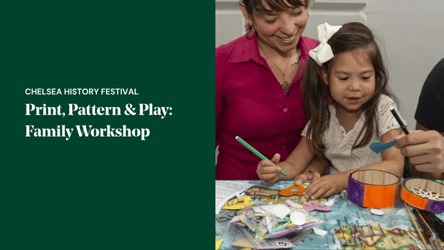 Participants engaging in the Print, Pattern & Play family workshop at Chelsea History Festival through creative craft activities and design projects.