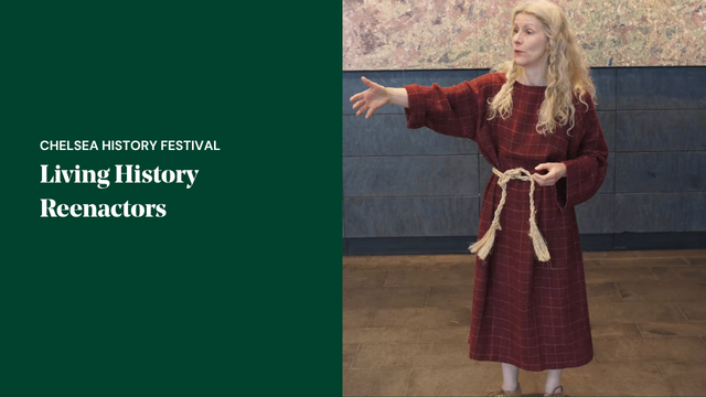 Living history reenactor in historical dress at the Chelsea History Festival, bringing history to life through interactive performance and storytelling