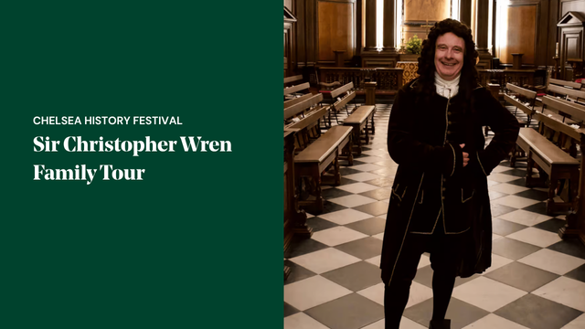 Costumed historical interpreter standing inside a church during the Chelsea History Festival Sir Christopher Wren Family Tour, exploring the life, architecture and legacy of Sir Christopher Wren.