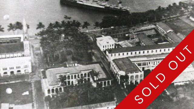 A vintage black and white aerial shot showing a small harbour town with a large ship moored at its dock. On top is a red stripe indicating that the event it is promoting is sold out.
