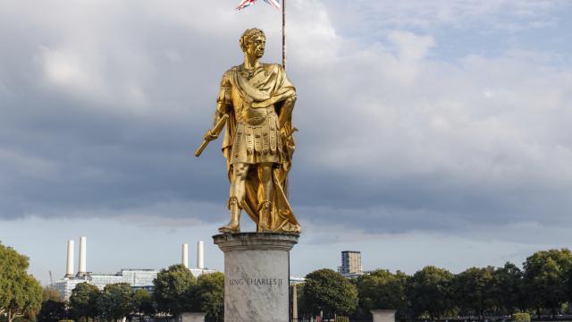 A golden statue of King Charles II at Royal Hospital Chelsea