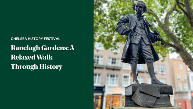A promotional image for Chelsea History Festival featuring a statue of Mozart, which is located in Ranelagh Gardens at the Royal Hospital Chelsea