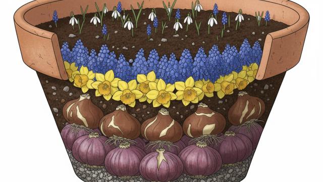 an image of bulb lasagna, with layers of bulbs sitting in the inside of a pot and soil. 