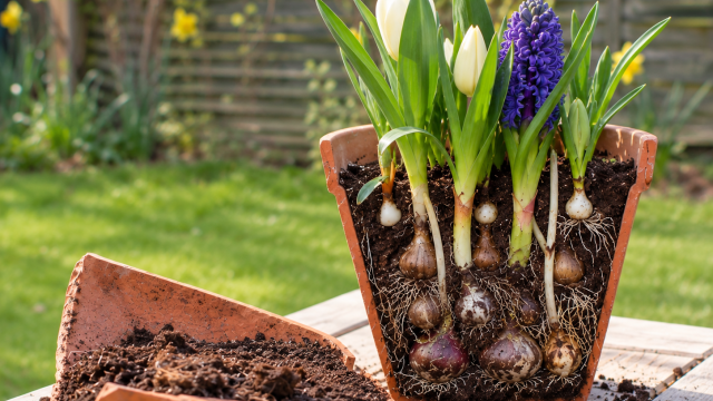 Cross-section of a terracotta pot showing bulb lasagne planting, with layered spring bulbs and roots beneath white tulips and purple hyacinths.